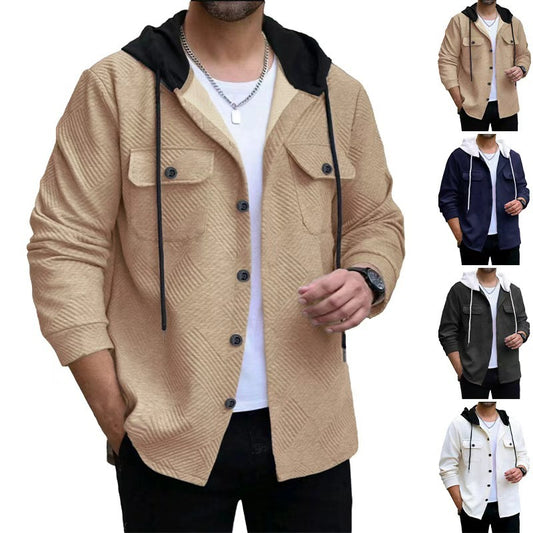 Men's Casual Sporty Color-block Hooded Button-up Jacquard Pocket Jacket