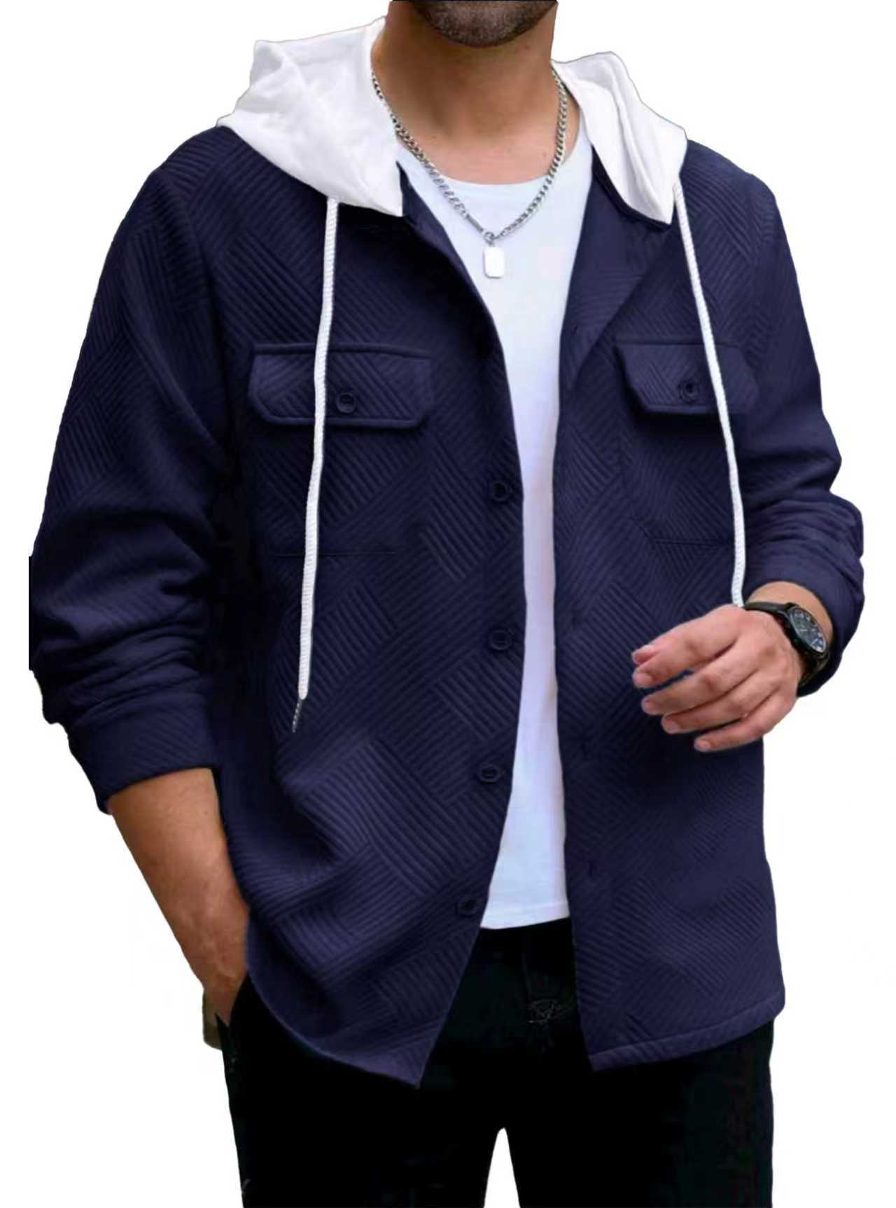 Men's Casual Sporty Color-block Hooded Button-up Jacquard Pocket Jacket